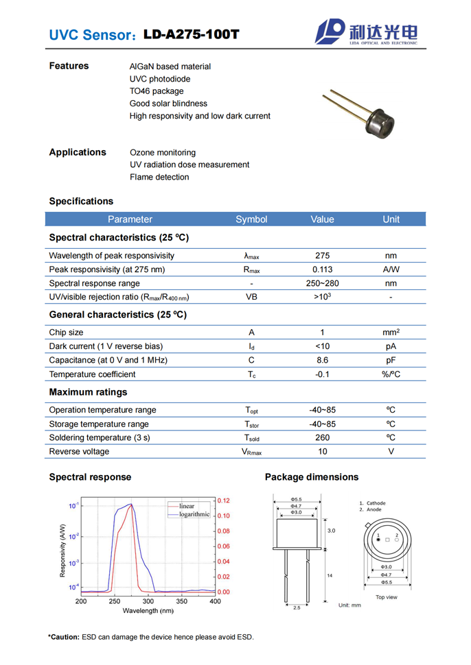AlGaN日盲系列紫外探測器 LD-A275-100T