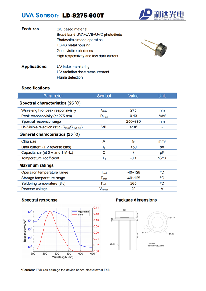 SiC系列紫外探測器 LD-S275-900T